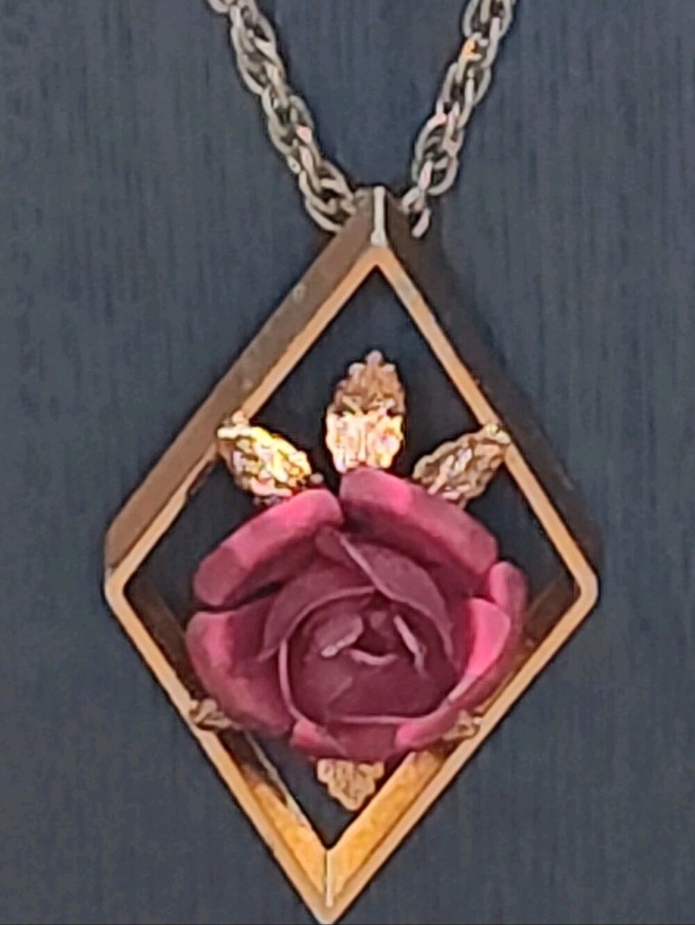 Vintage Red Rose Enamal Flower 3D Pendant Necklace Copper Brass Rope Chain 24"